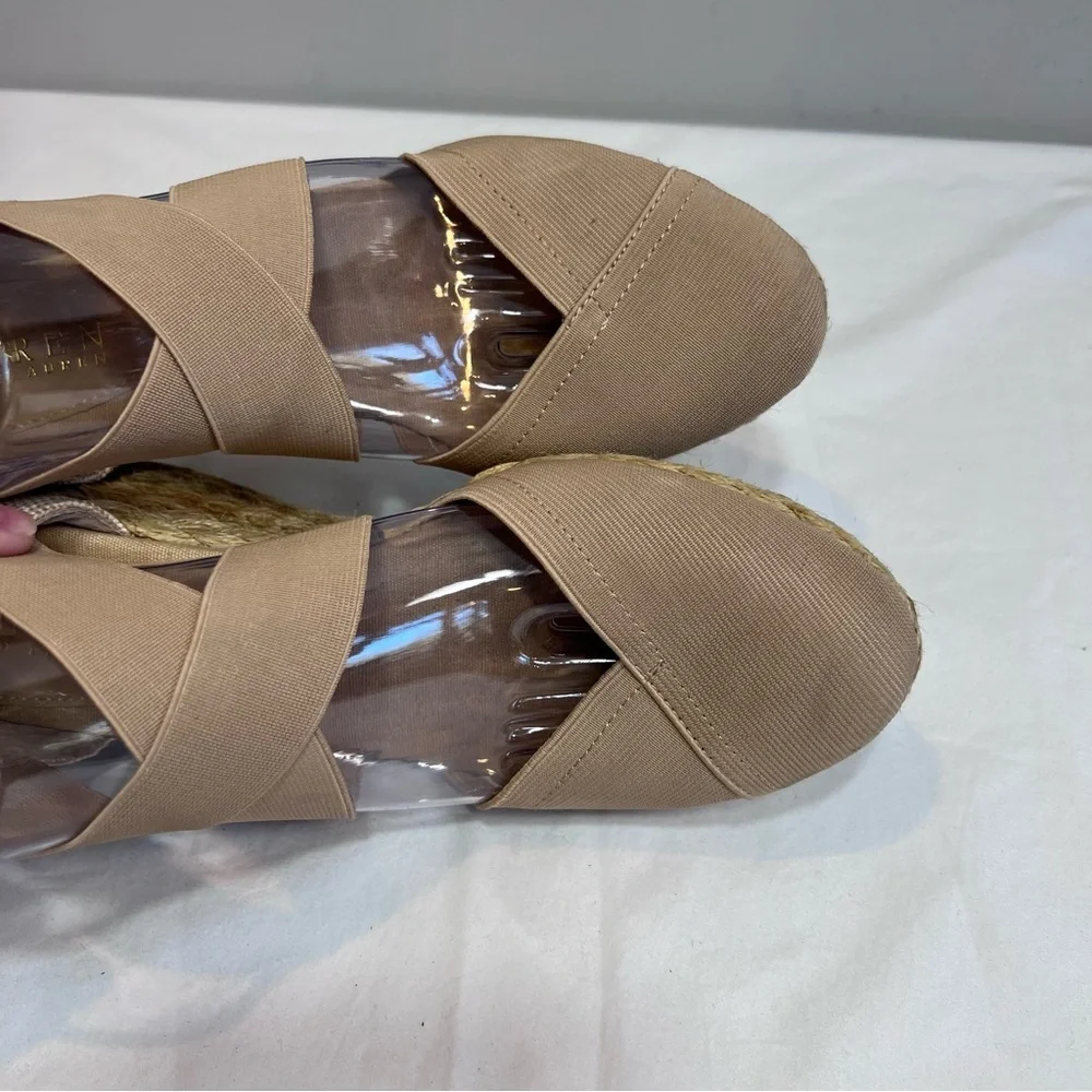 Ralph Lauren Collins tan elastic cross strap espadrille wedge dress shoes 9.